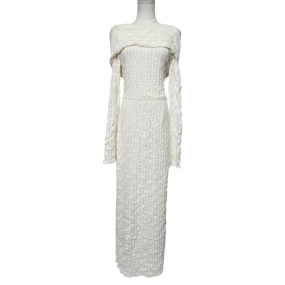 Nocturne Dress Womens Medium White Off Shoulder Textured Knit Bodycon Maxi Gown
